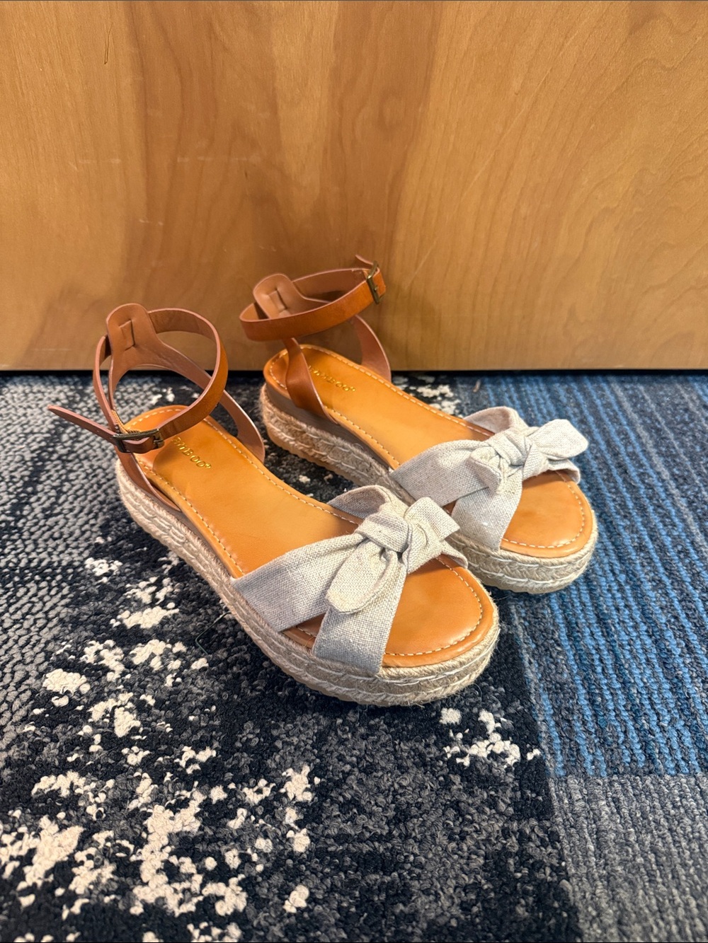 BAMBOO Tan Ankle-Strap Espadrille Sandals with Beige Bow